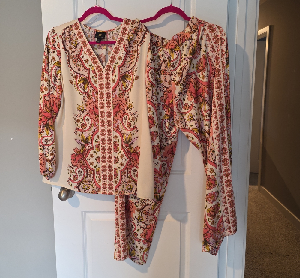 JM Collection Cream V-Neck Paisley Floral Blouse withPink & Green Accents (Sets)